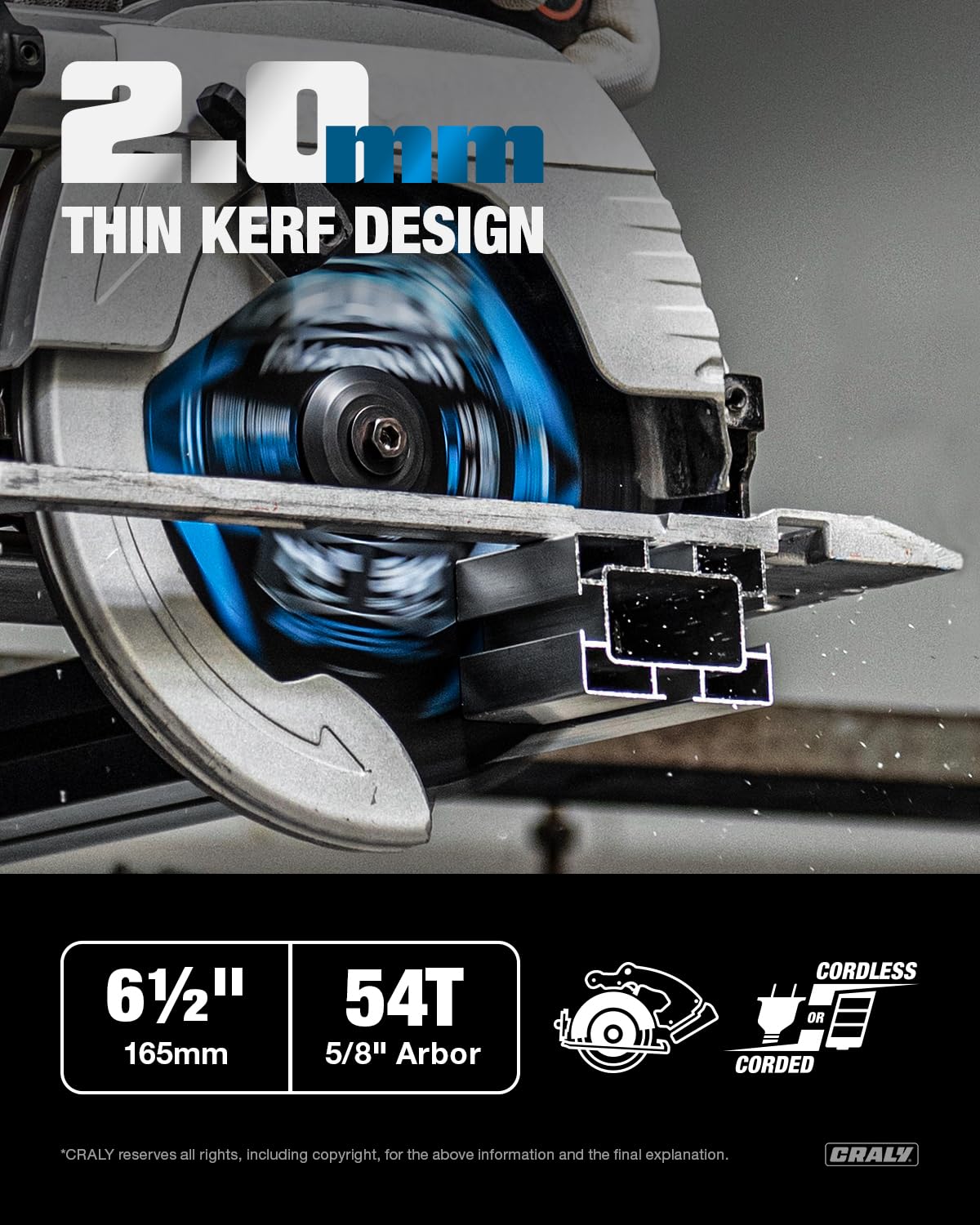 CRALY 6-1/2 Inch 54 Teeth Aluminum and Non-Ferrous Metal Cutting Circular Saw Blade, 5/8 Inch Arbor, Carbide Tipped, Thin Kerf, Black Ice Coating, for Thin Aluminum, Plastic, Composite(C0654AL)